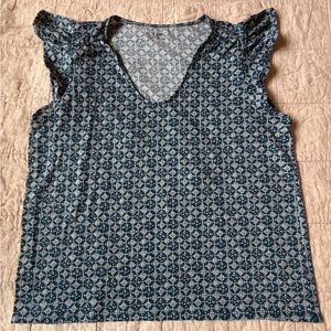 LOFT Navy and White Floral V-Neck Flutter Sleeve Top